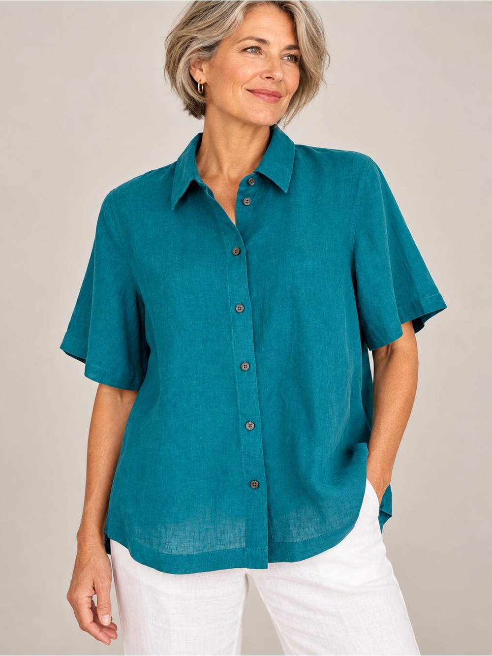 Boden 100% Linen Teal Button Front Short Sleeve Shirt Blouse US 6
